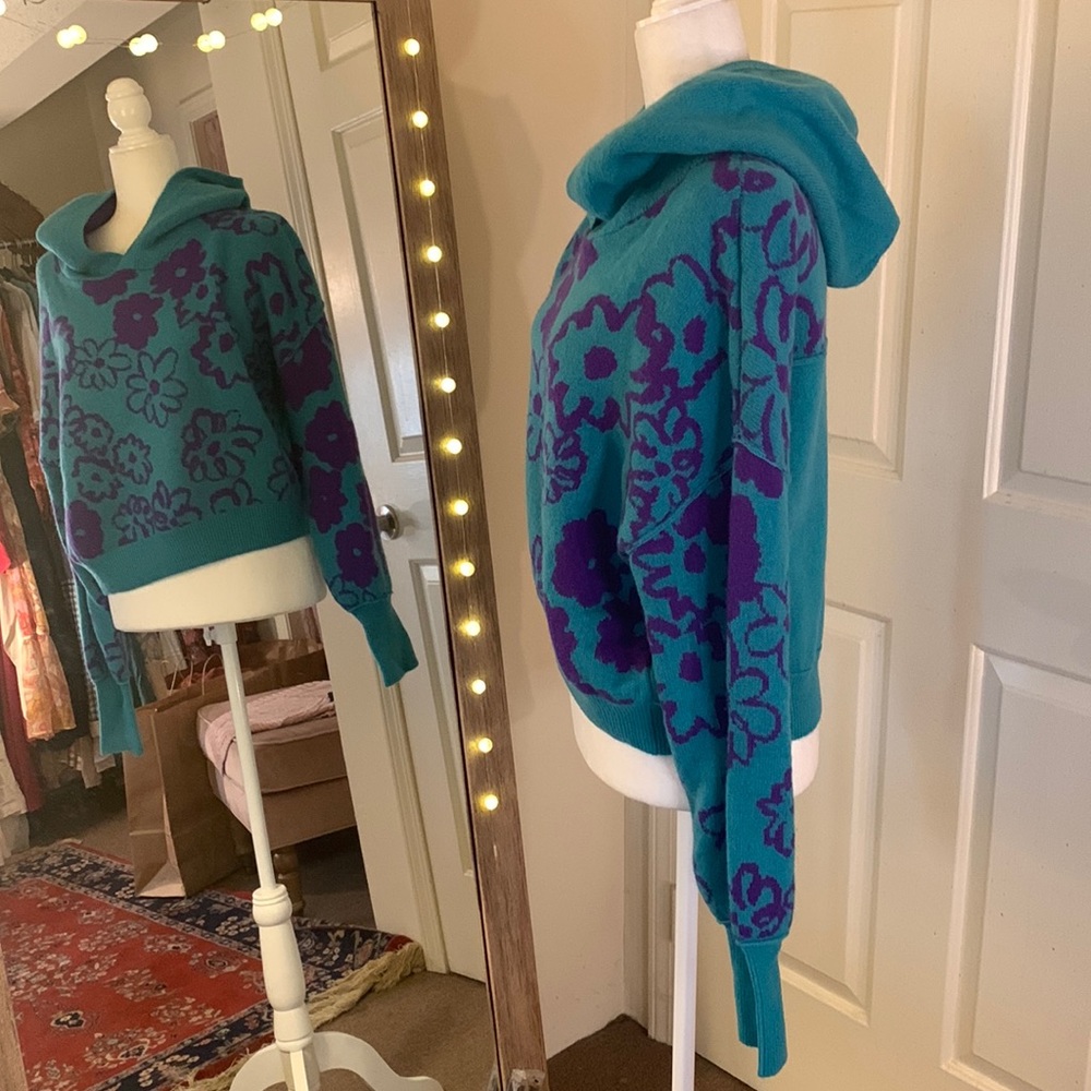 Free People Teal and Purple Floral Hooded Pullover Sweater - Picture 8 of 16